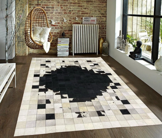 Black Cowhide Square Modern Rug, Patchwork Cowhide Area Rug