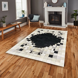 Black Cowhide Square Modern Rug, Patchwork Cowhide Area Rug