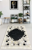 Black Cowhide Square Modern Rug, Patchwork Cowhide Area Rug