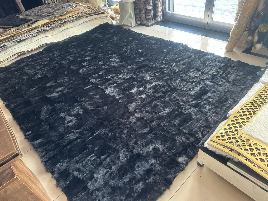 Sheepskin Black Fur Wool Throw Living Room Rug, Black Bedroom Large Soft Rug