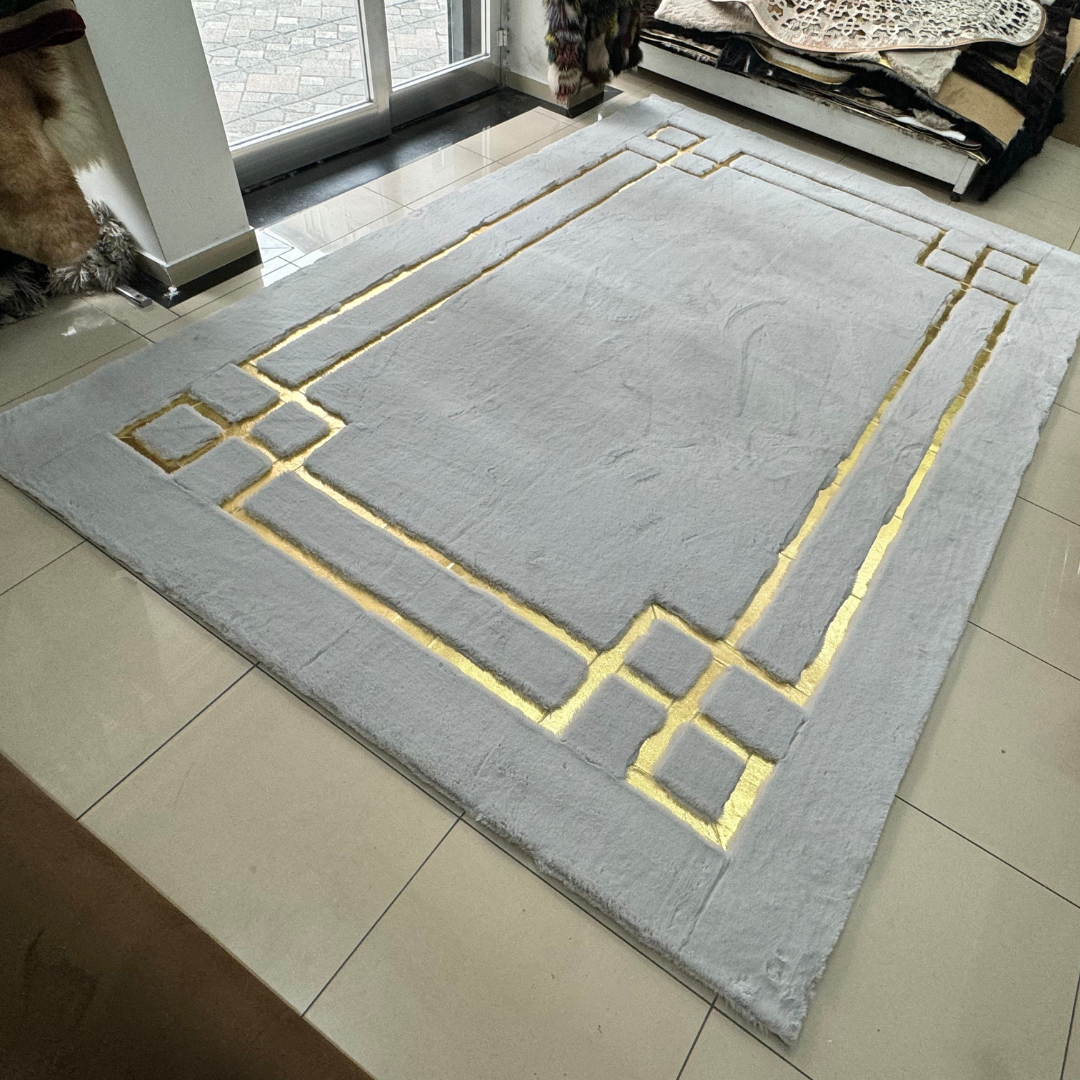 Geometric Plush Gray Gold Area Faux Fur Rug