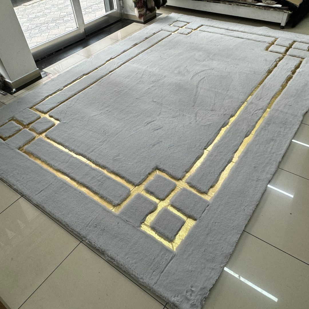 Geometric Plush Gray Gold Area Faux Fur Rug