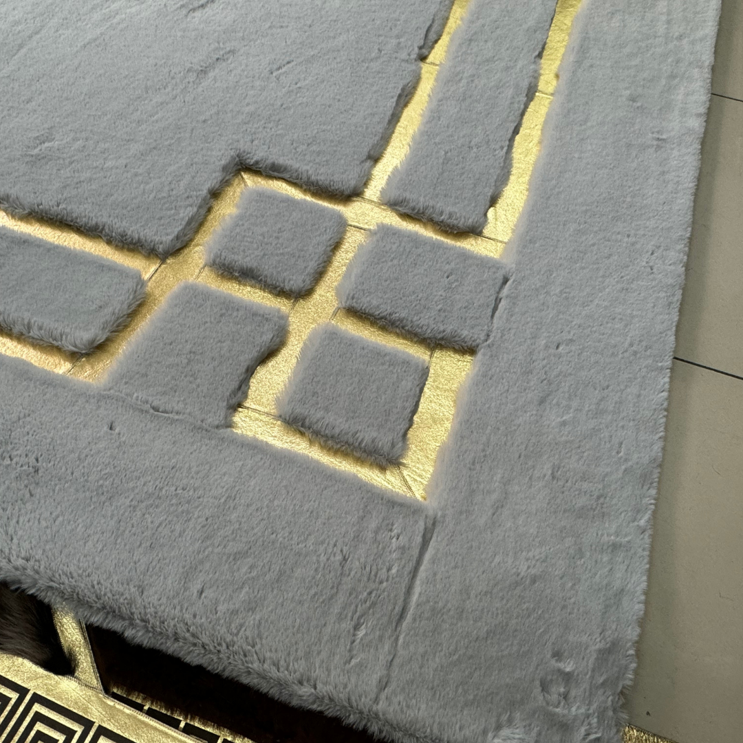 Geometric Plush Gray Gold Area Faux Fur Rug