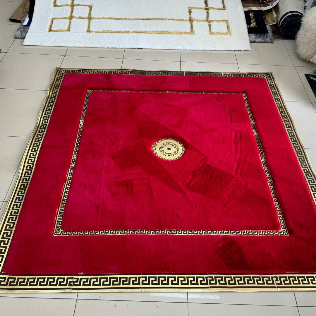 Geometric Plush Area Red Gold Faux Fur Rug