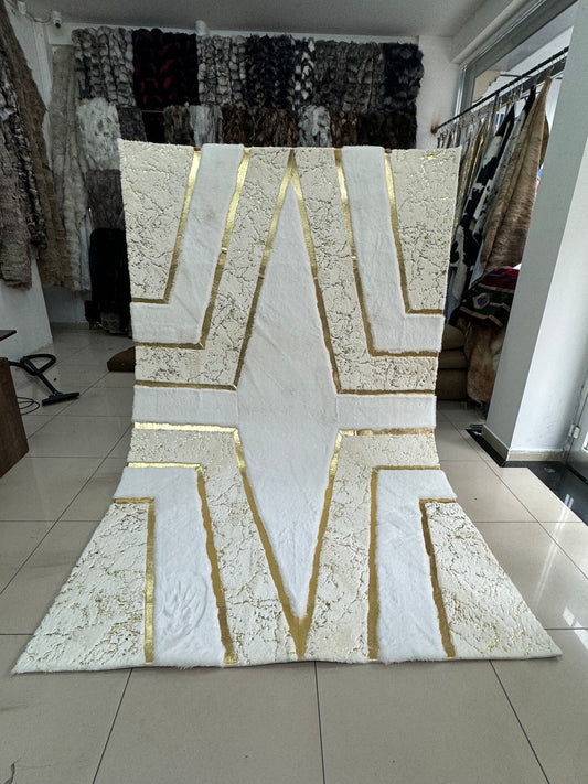 Geometric Plush Faux Leather White Gold Area Rug