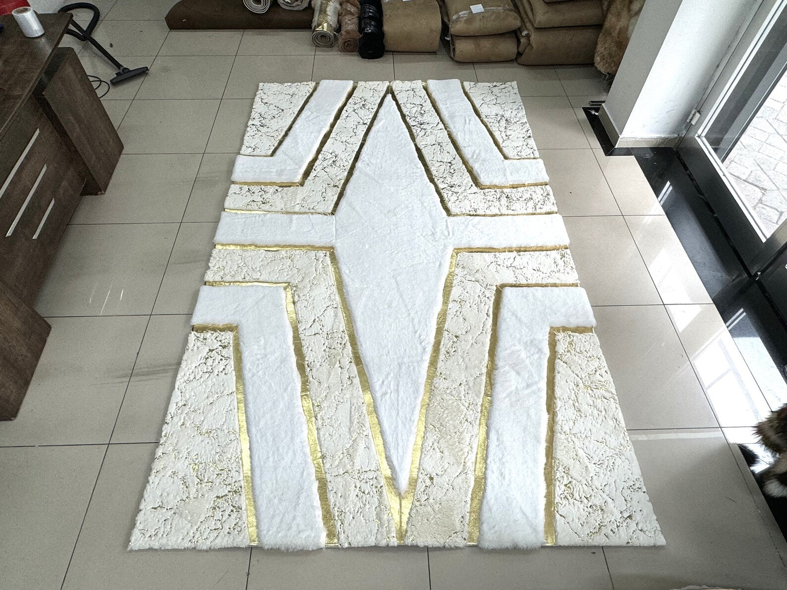 Geometric Plush Faux Leather White Gold Area Rug