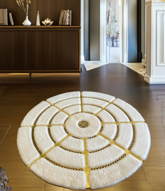 White-Gold Luxury Faux Leather Round Plush Rug