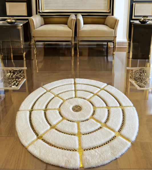 White-Gold Luxury Faux Leather Round Plush Rug