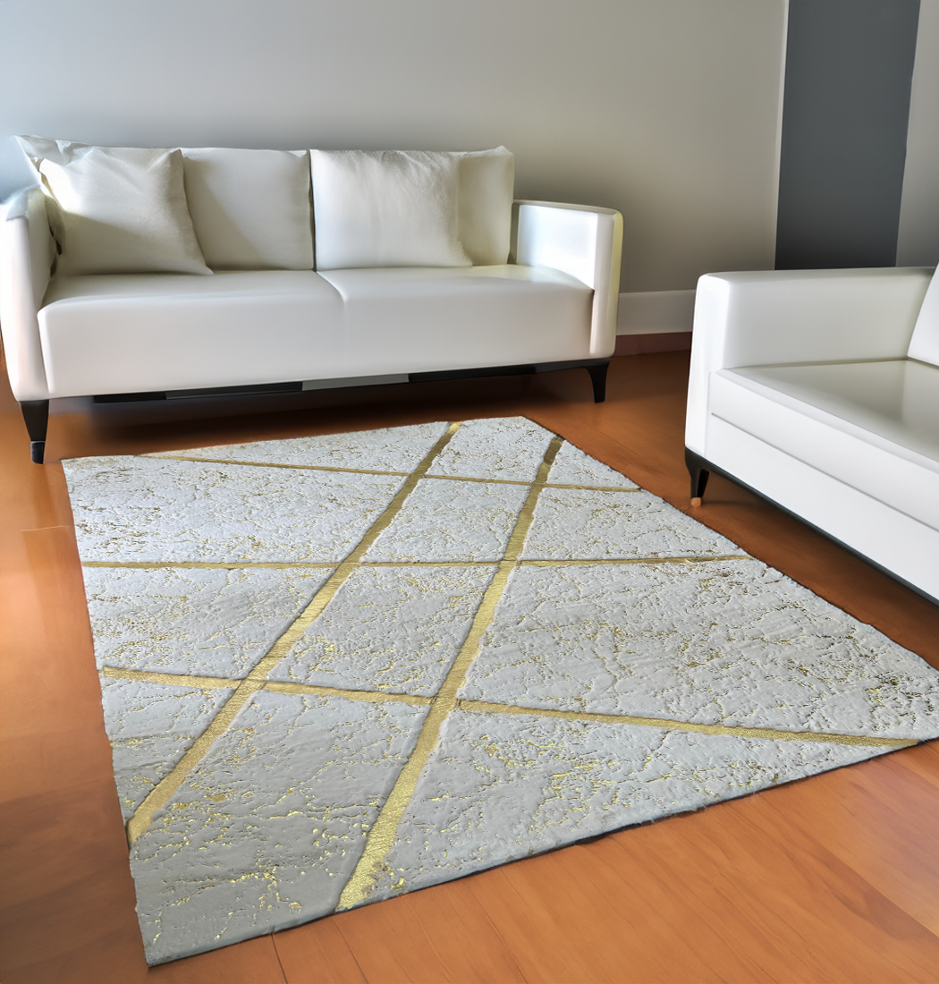 White Gold  Plush Faux Leather Area Rug