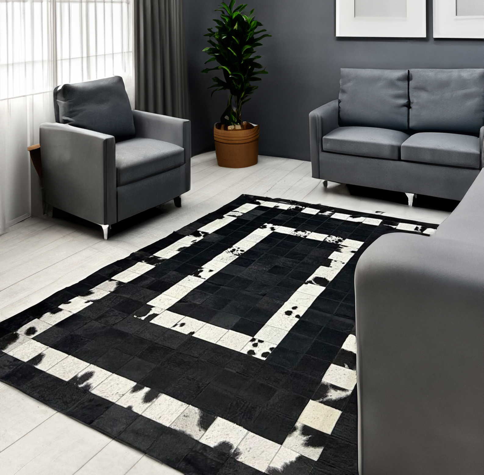 Black Patchwork Real Cowhide Area Rug