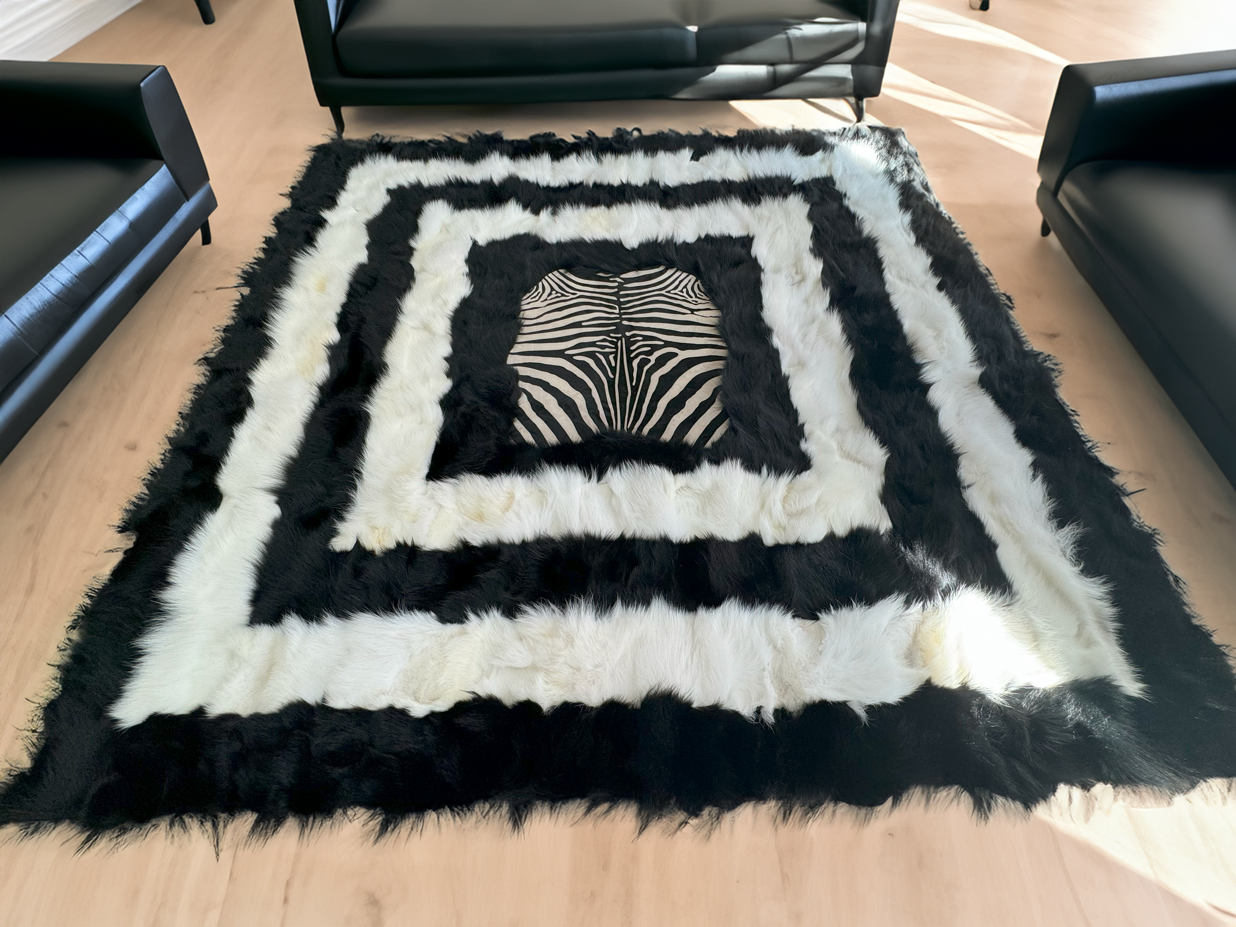 Black White Fox Fur Soft Rug