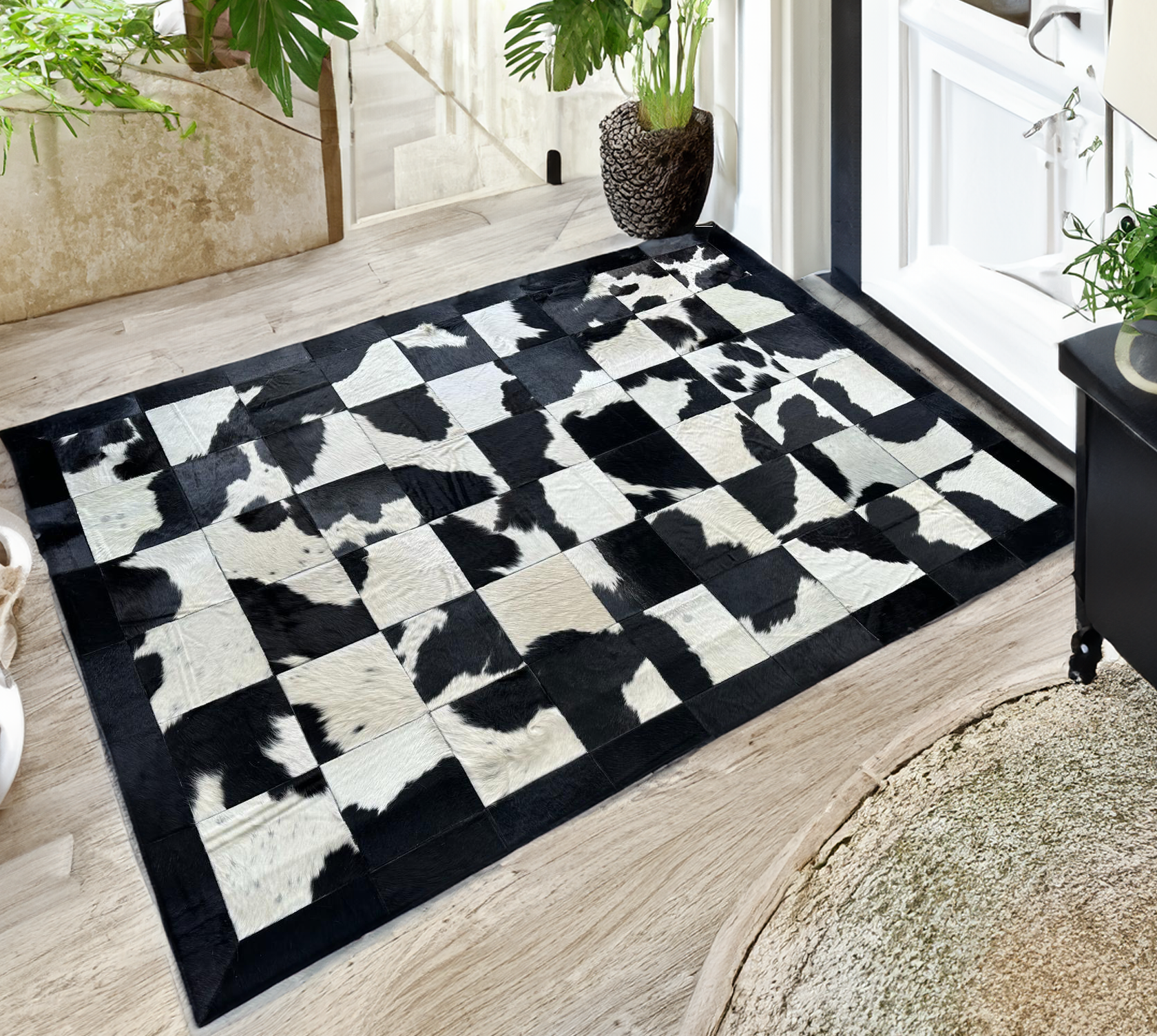 White Black Real Cowhide Rug