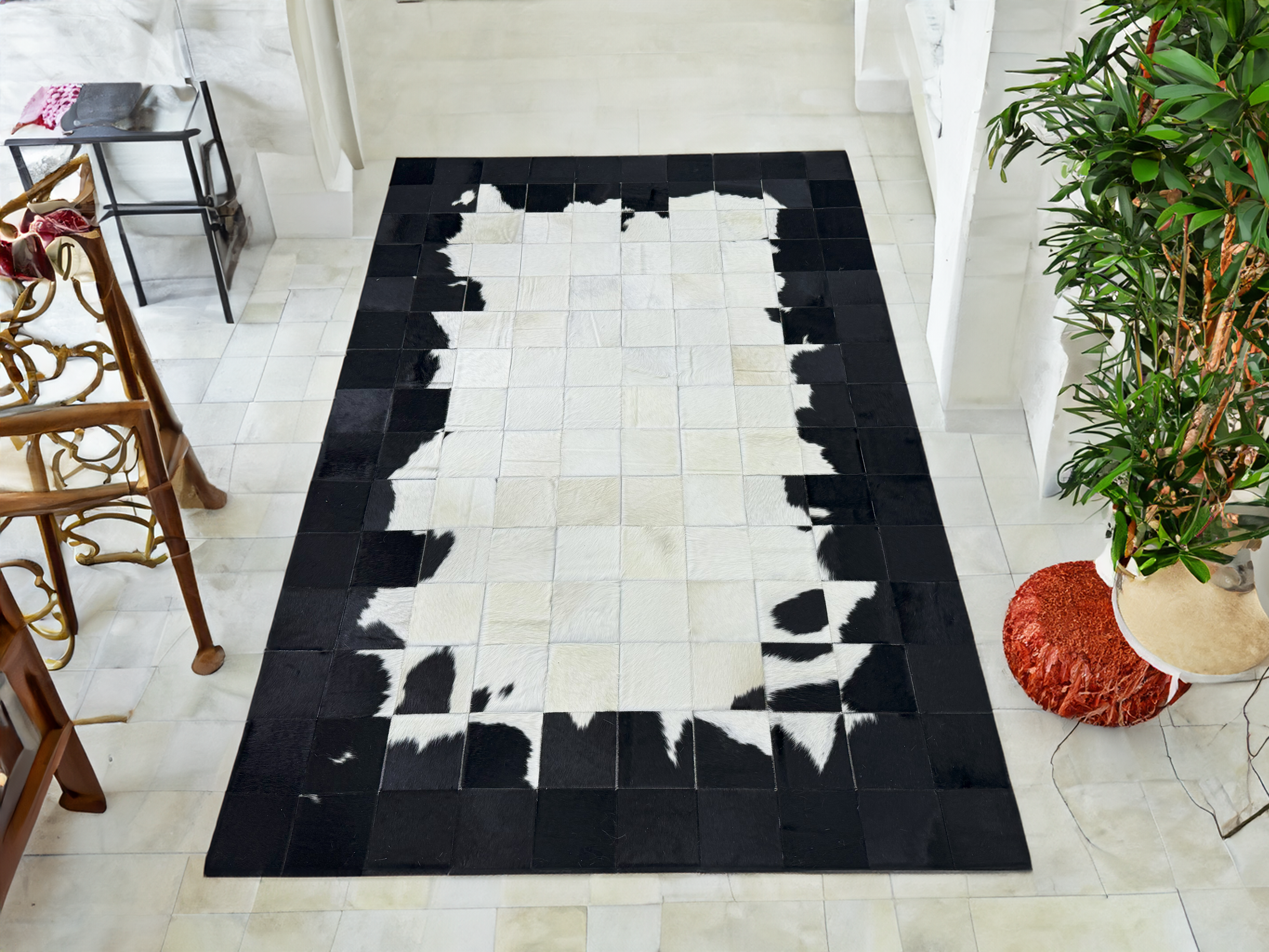 Black-White Cowhide Patchwork Office Rug