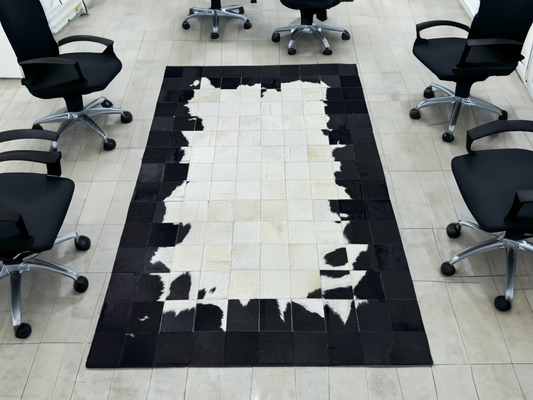 Black-White Cowhide Patchwork Office Rug