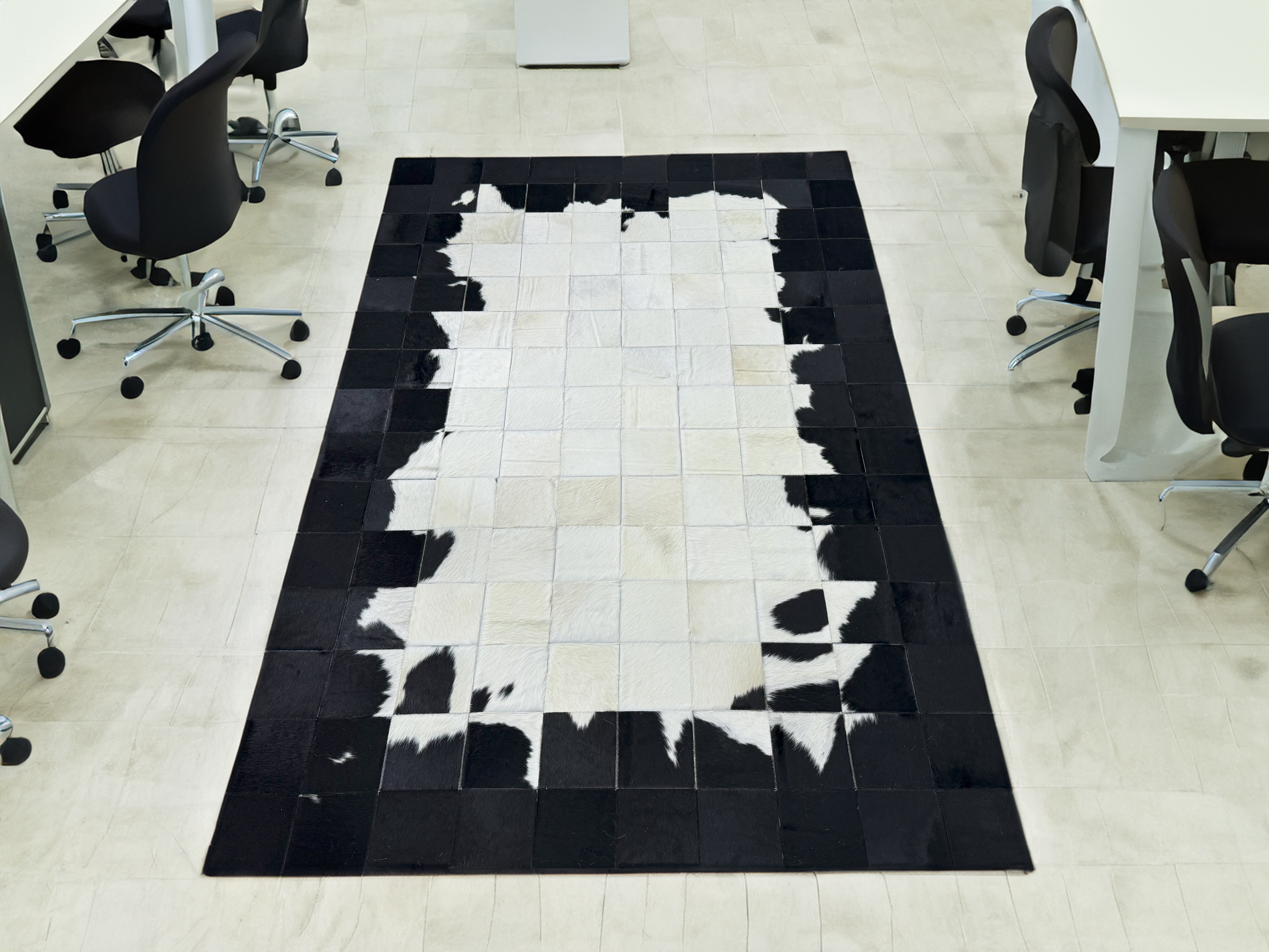 Black-White Cowhide Patchwork Office Rug