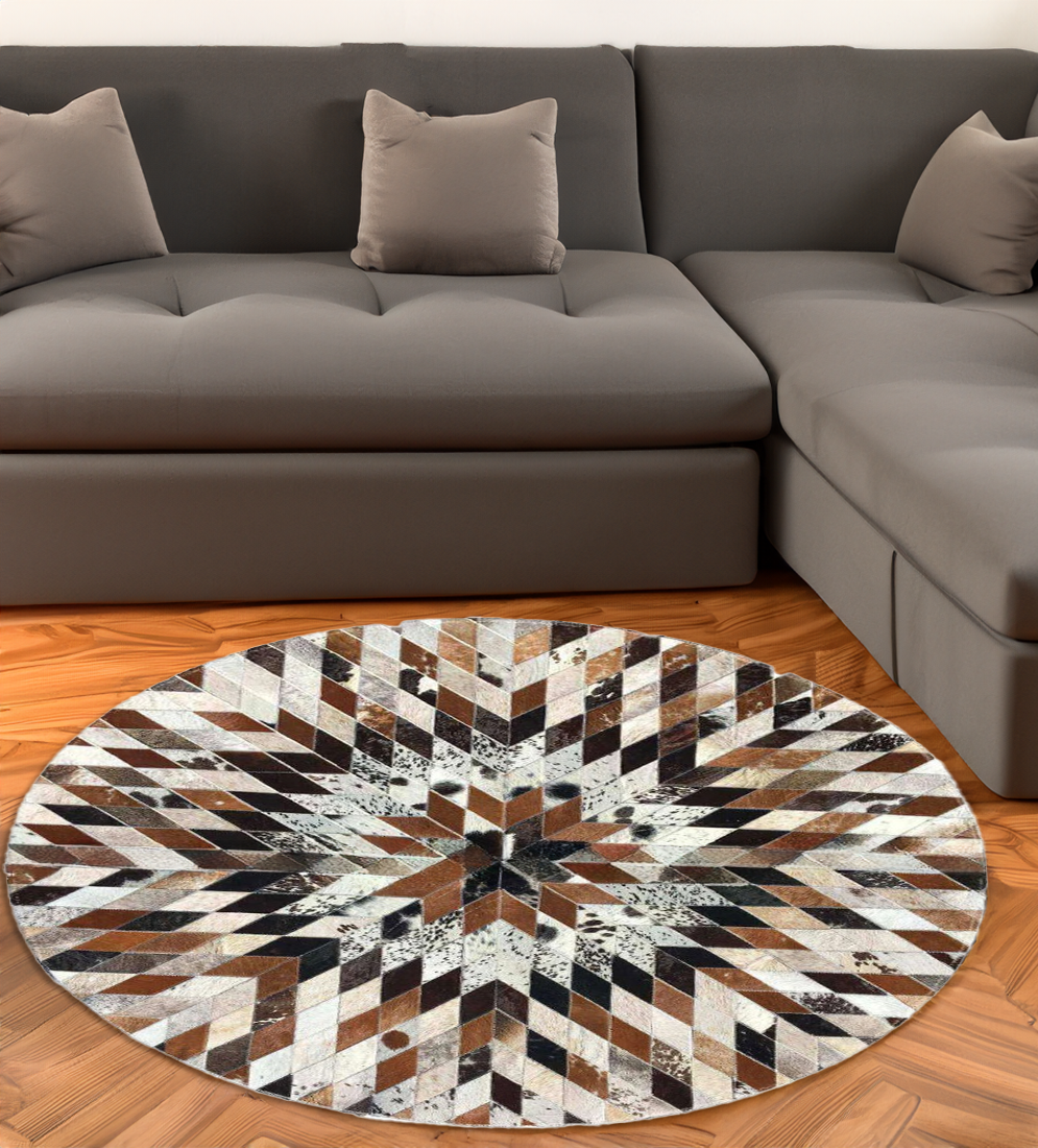 Round Real Cowhide Geometric Rug