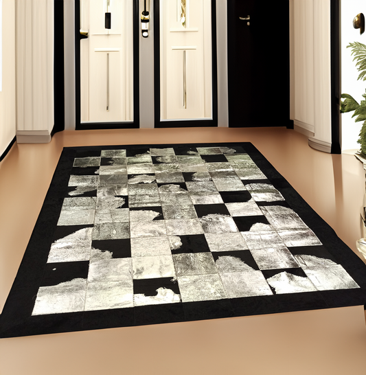 Black Silver Real Cowhide Area Rug