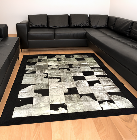 Black Silver Real Cowhide Area Rug