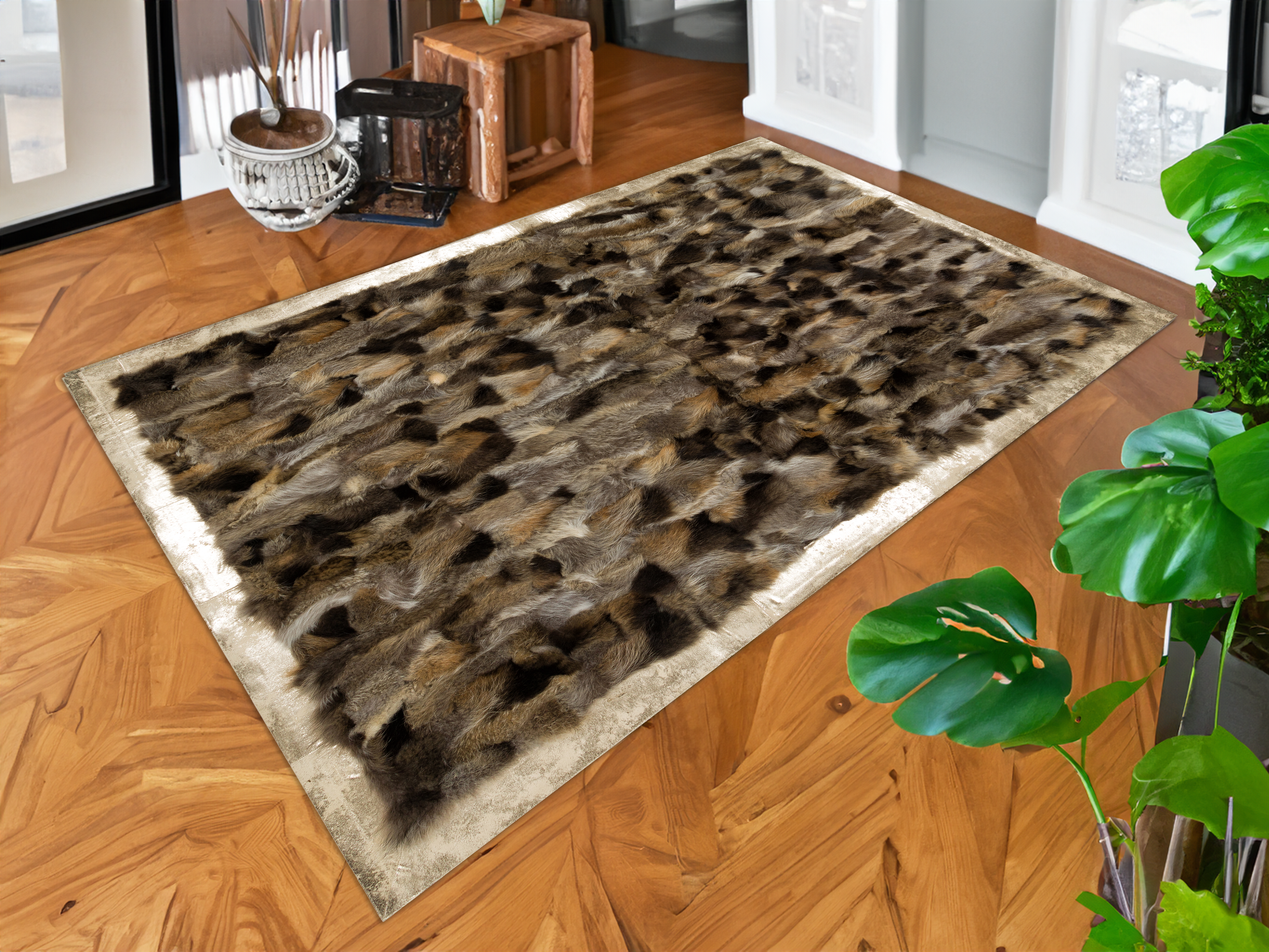 Brown Gold Living Room Natural Fox Fur Rug