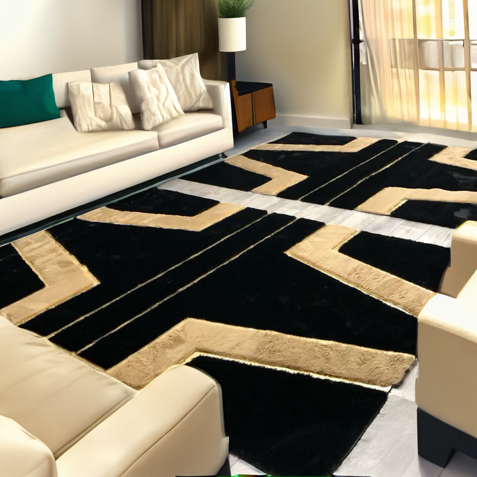 Back faux leather, plush Fur Living Room Rug