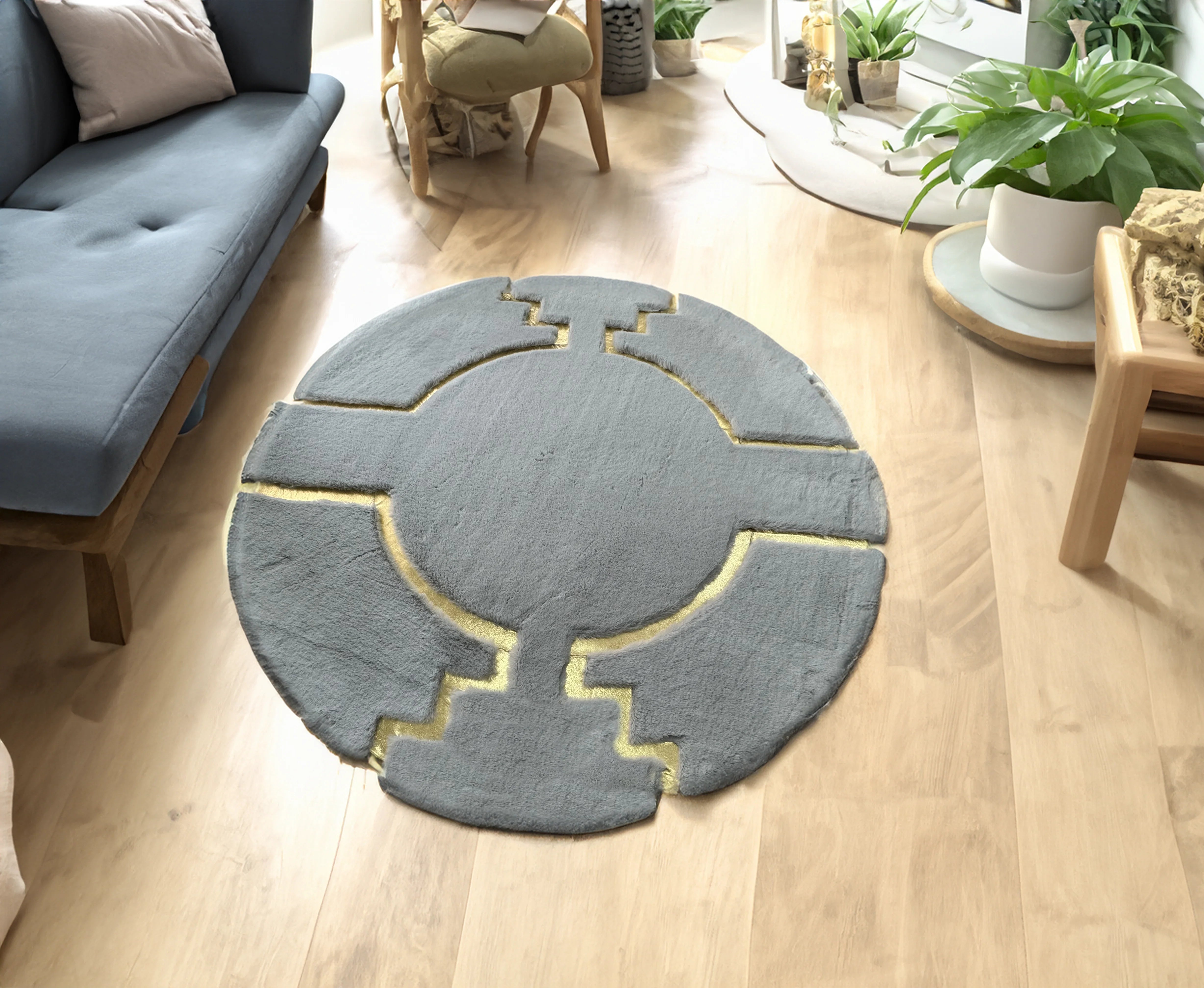 Round Gray Gold Bedroom Plush Soft Rug