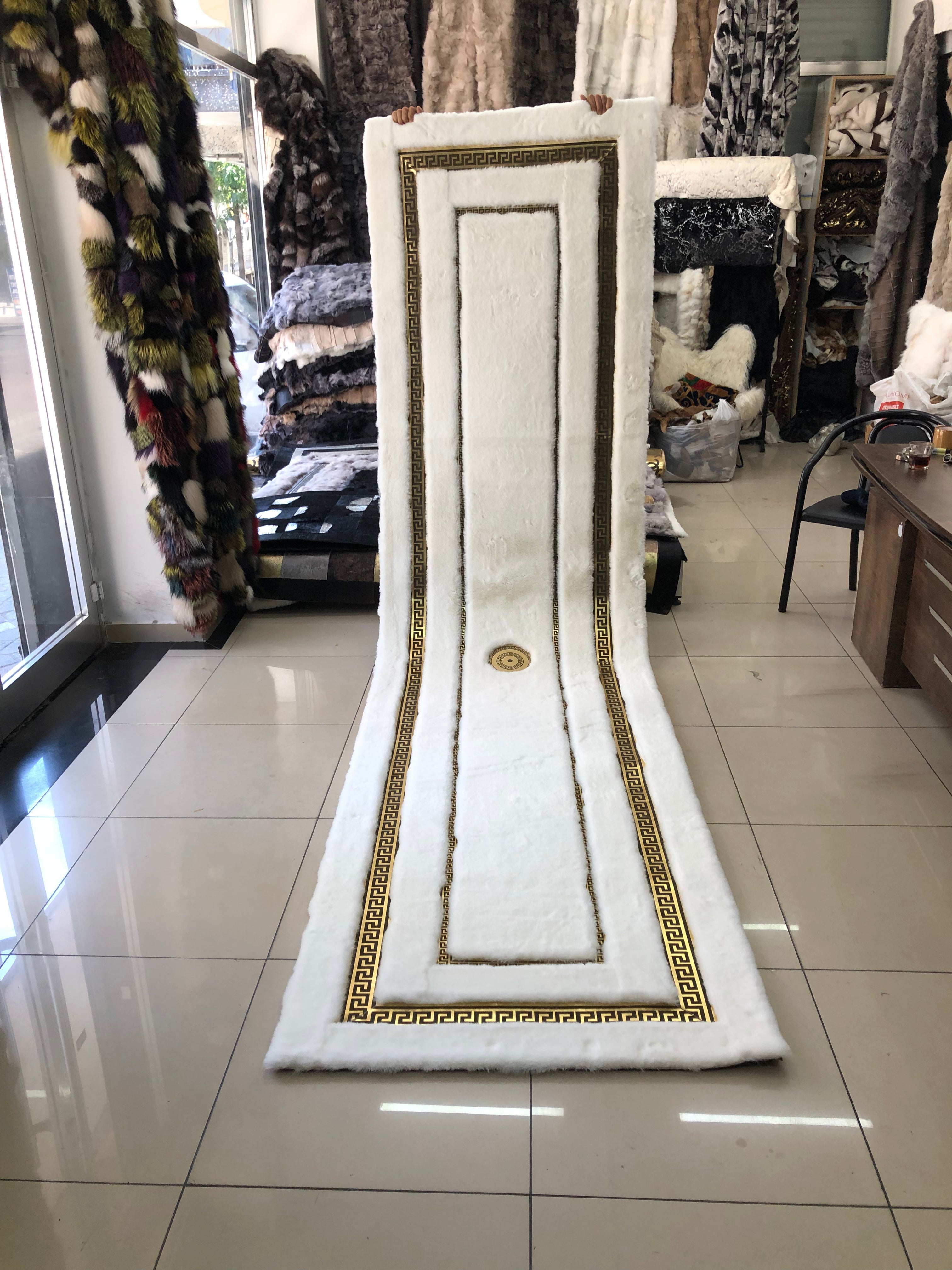 Corridor Faux Fur Fluffy Plush White Gold Designer Hallway Rug