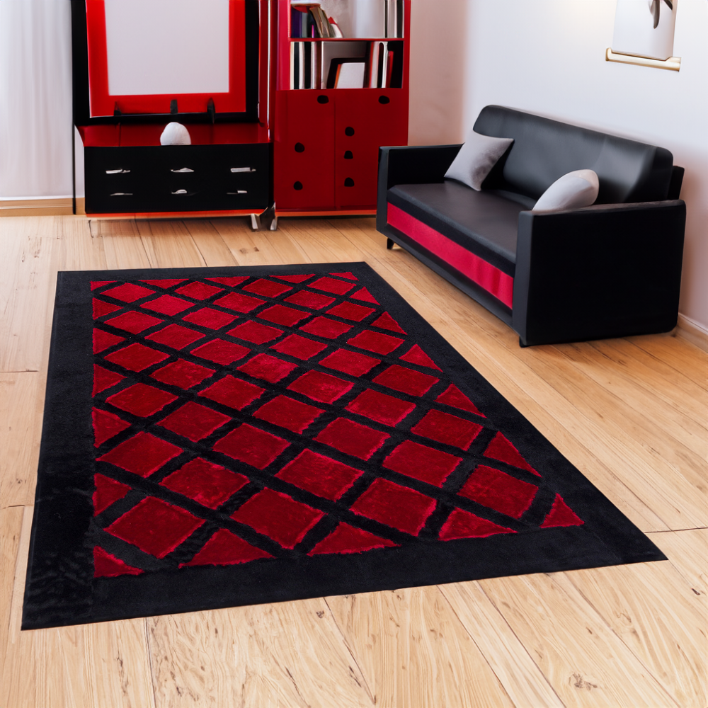 Geometric Plush Area Red -Black Gold Faux Fur Rug