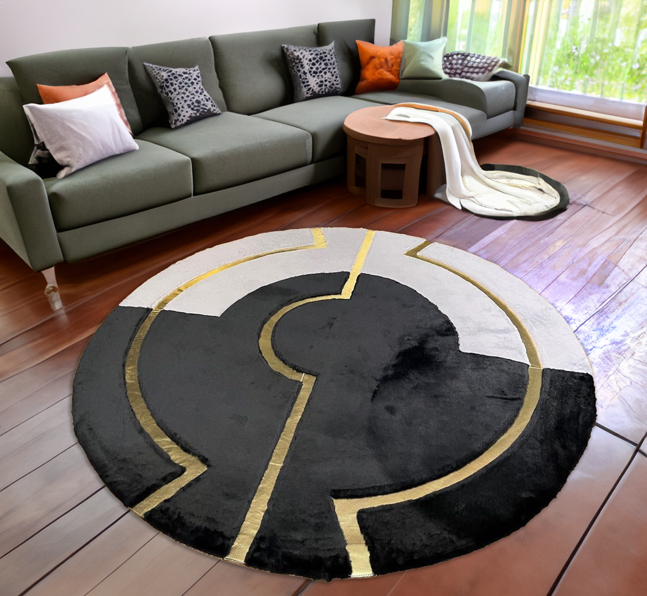 Round Plush Black Gray Gold Rug