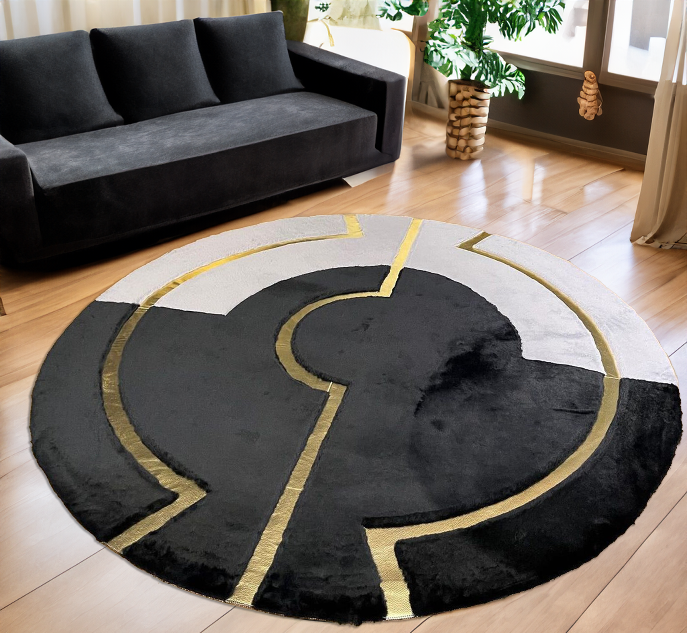 Round Plush Black Gray Gold Rug