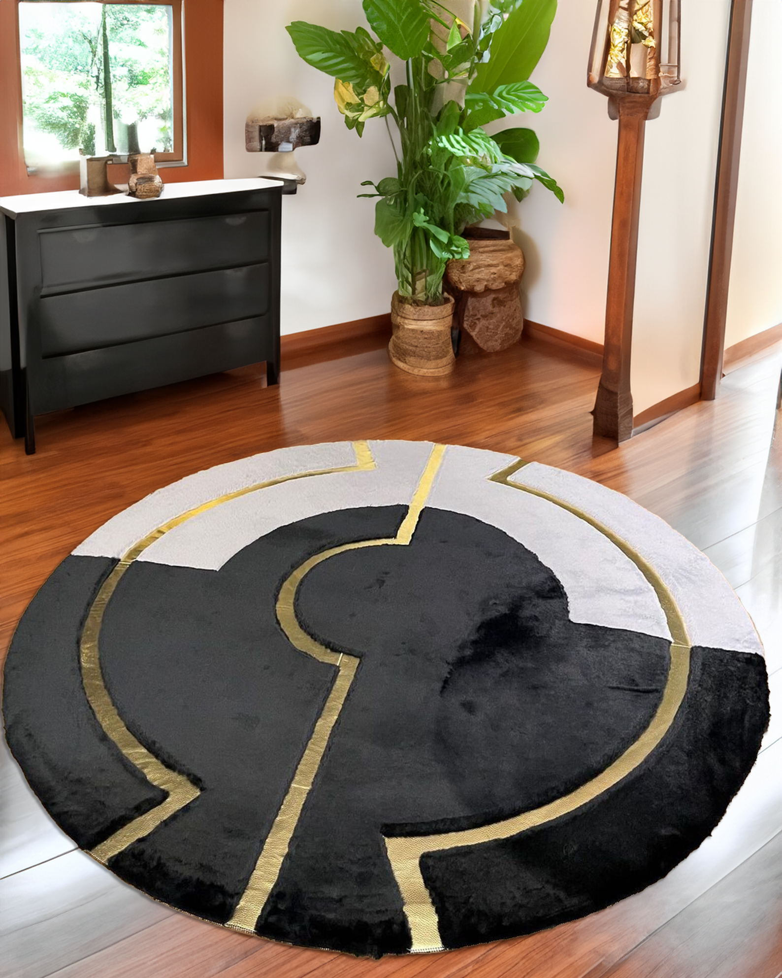 Round Plush Black Gray Gold Rug