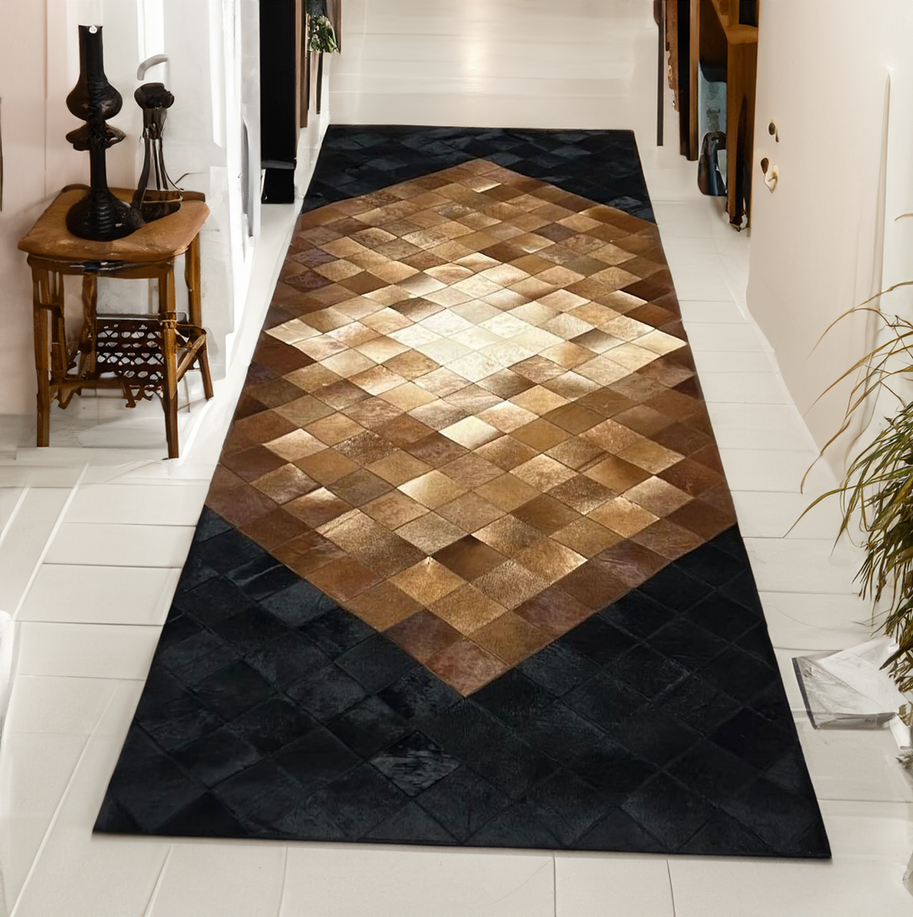 Black-Brown Genuine Cowhide Hallway Rug