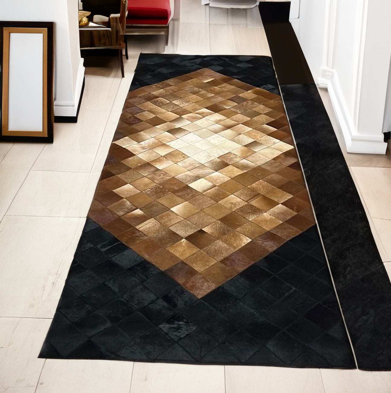 Black-Brown Genuine Cowhide Hallway Rug