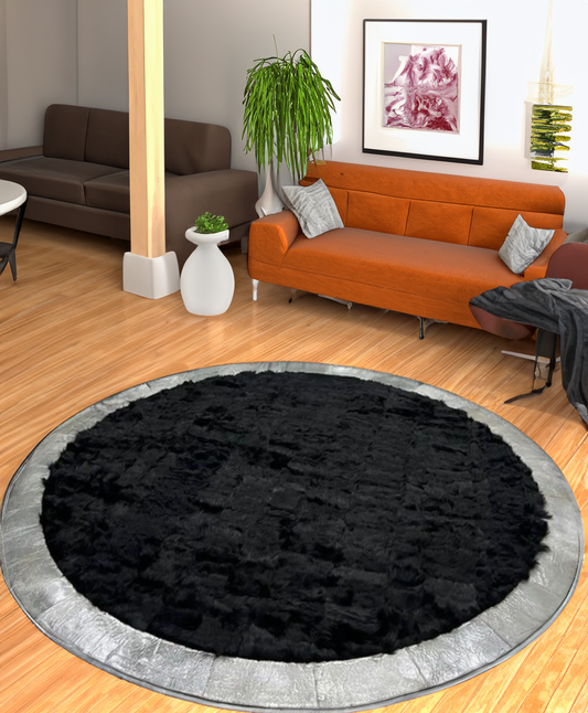 Round Black Sheepskin Fluffy Soft Rug