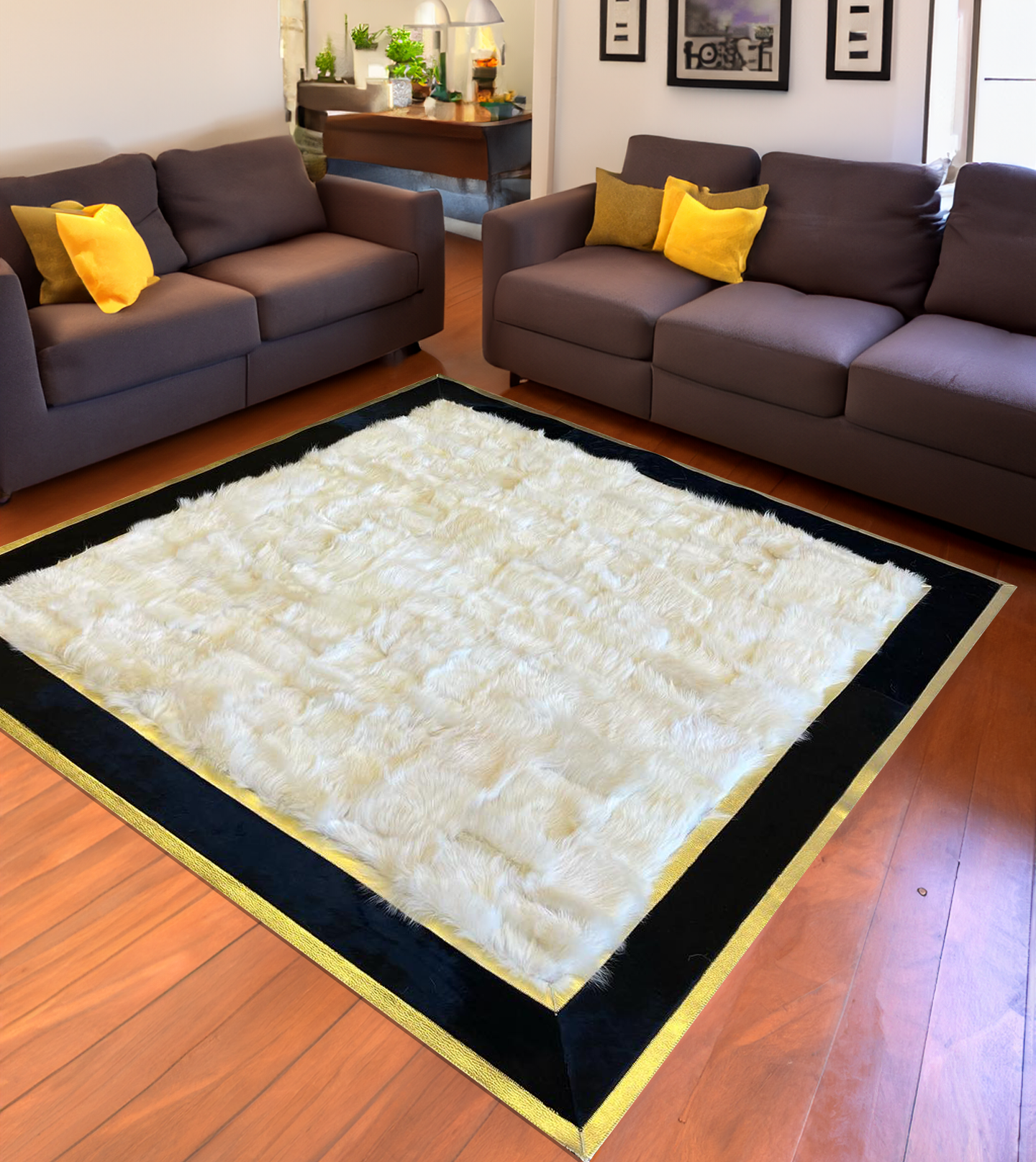 White Black Gold Fluffy Real Sheepskin Rug