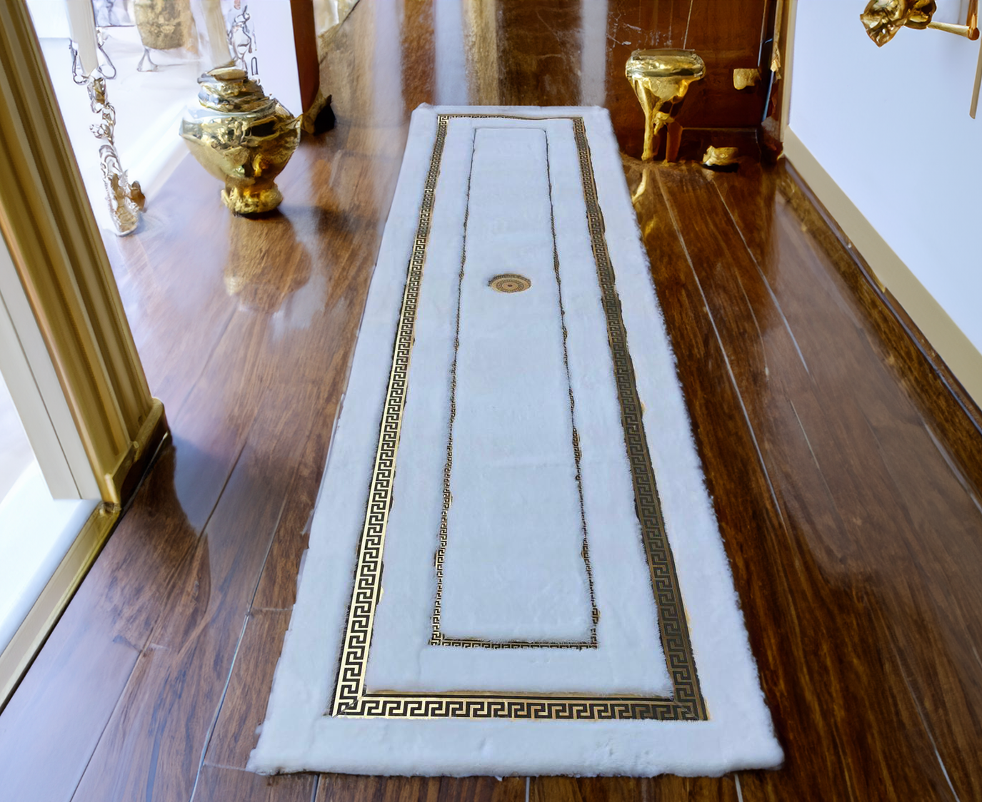 Corridor Faux Fur Fluffy Plush White Gold Designer Hallway Rug