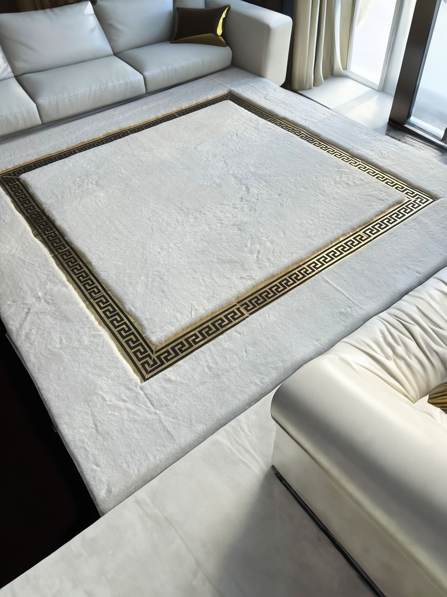 White and Gold Faux Leather Plush Rug