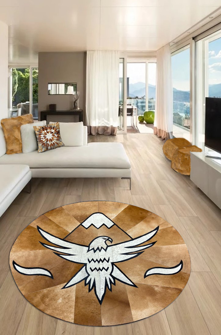 Round Cowhide Rug with Eagle Figure