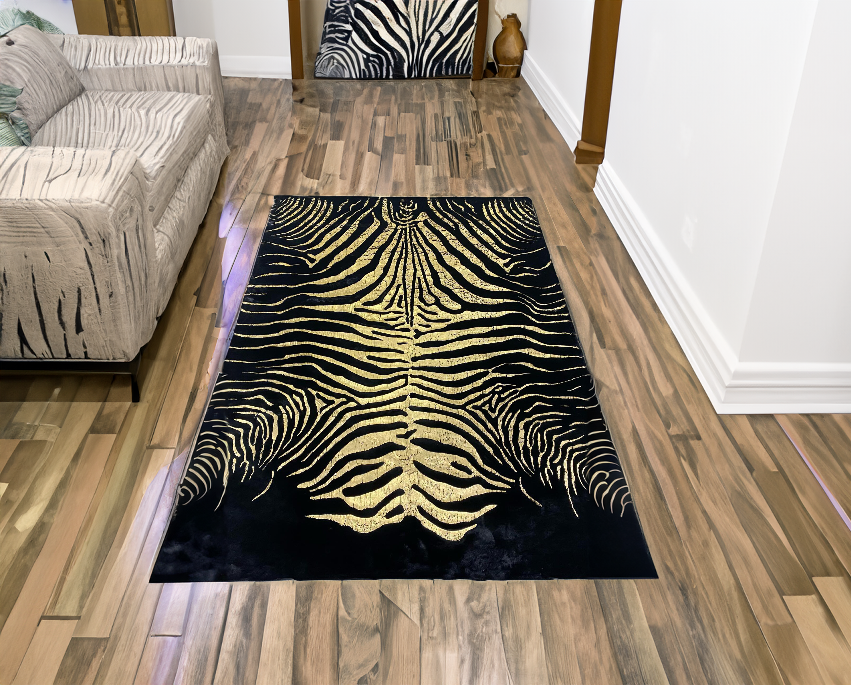 Luxury Black Gold Bedroom Plush Rug with Zebra pattern