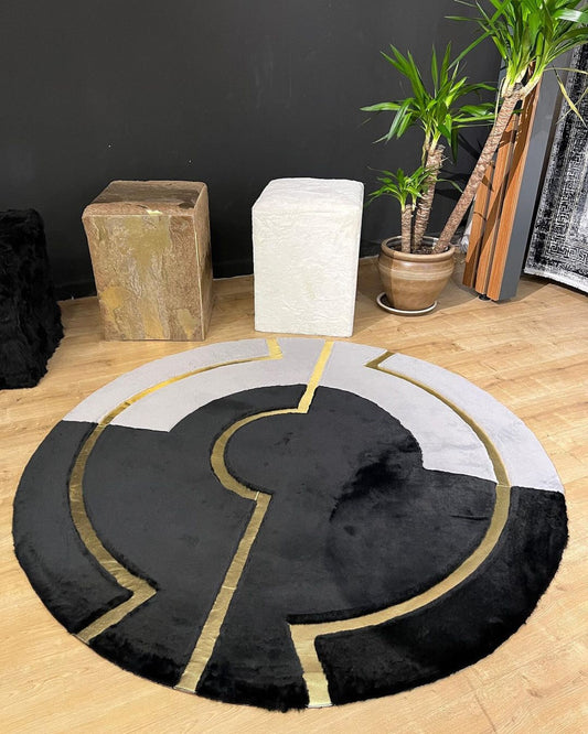 Round Plush Black Gray Gold Rug