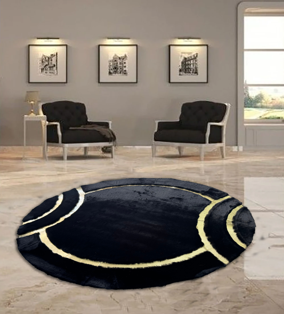 Round Plush Black Gold Rug