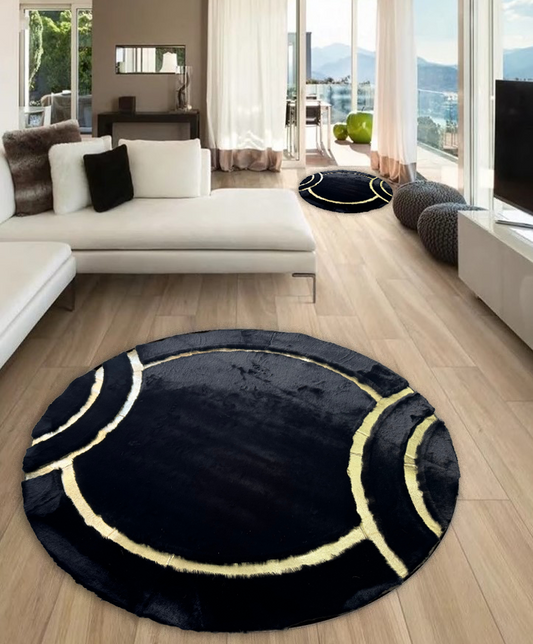 Round Plush Black Gold Rug