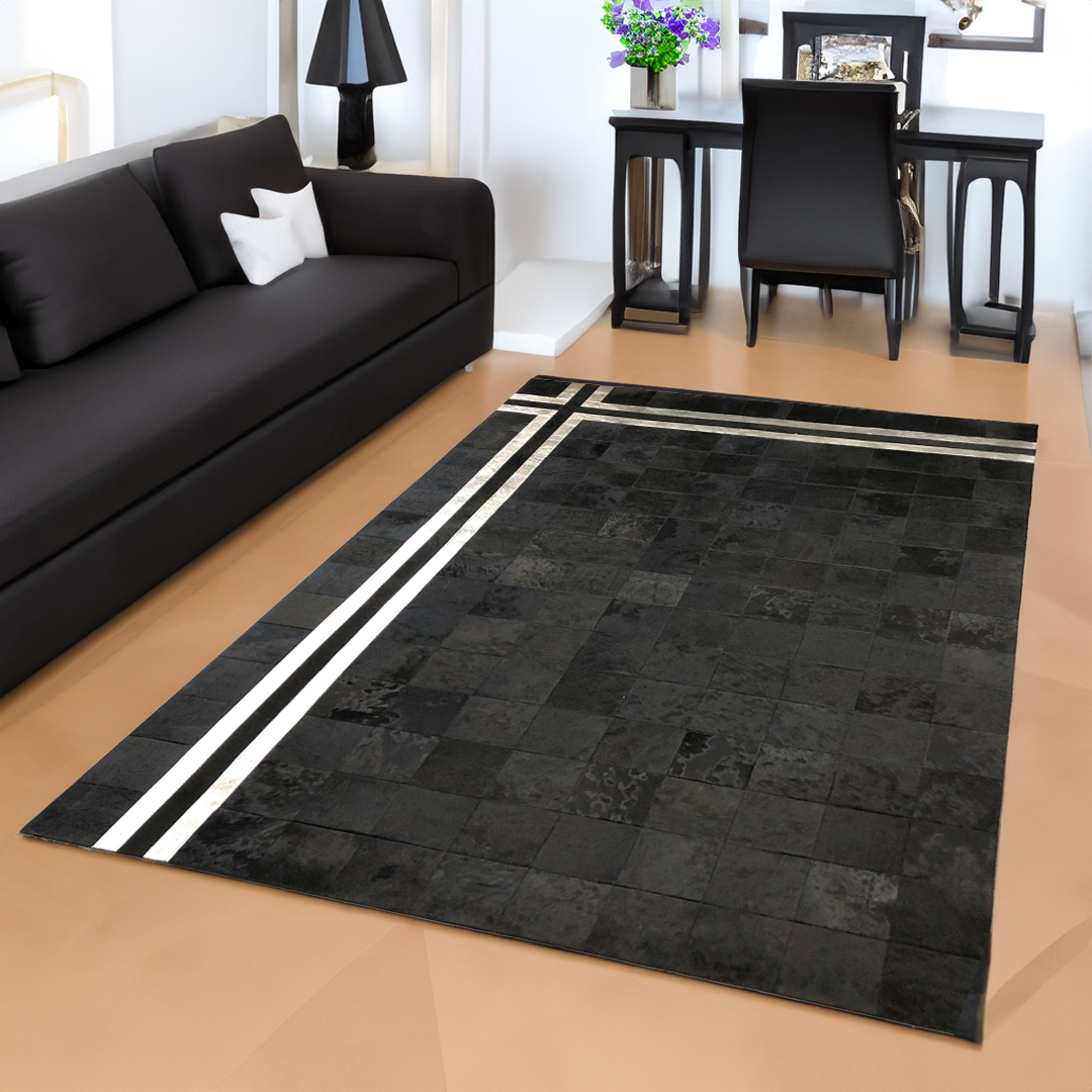 Black Silver Real Cowhide Area Rug