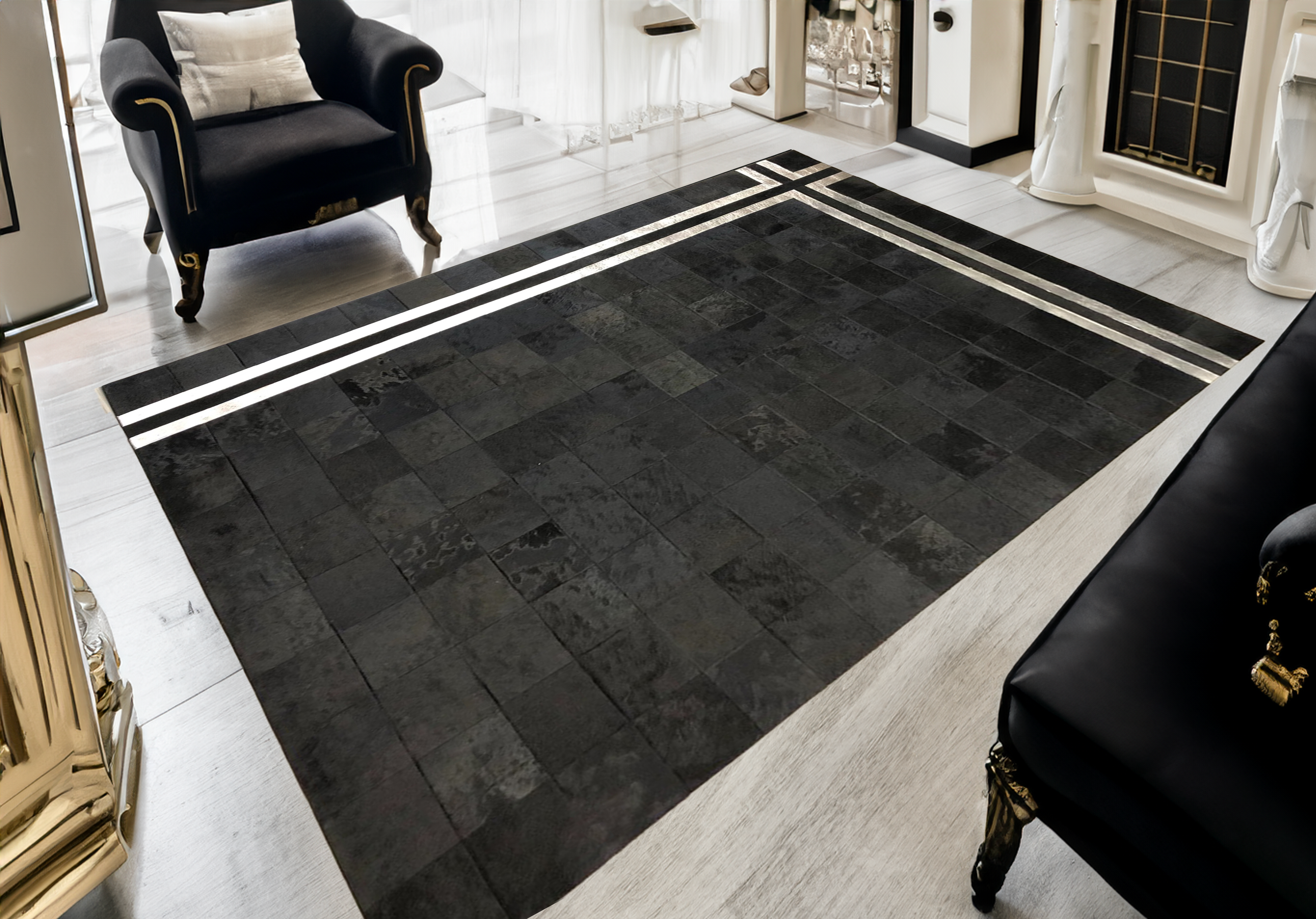 Black Silver Real Cowhide Area Rug