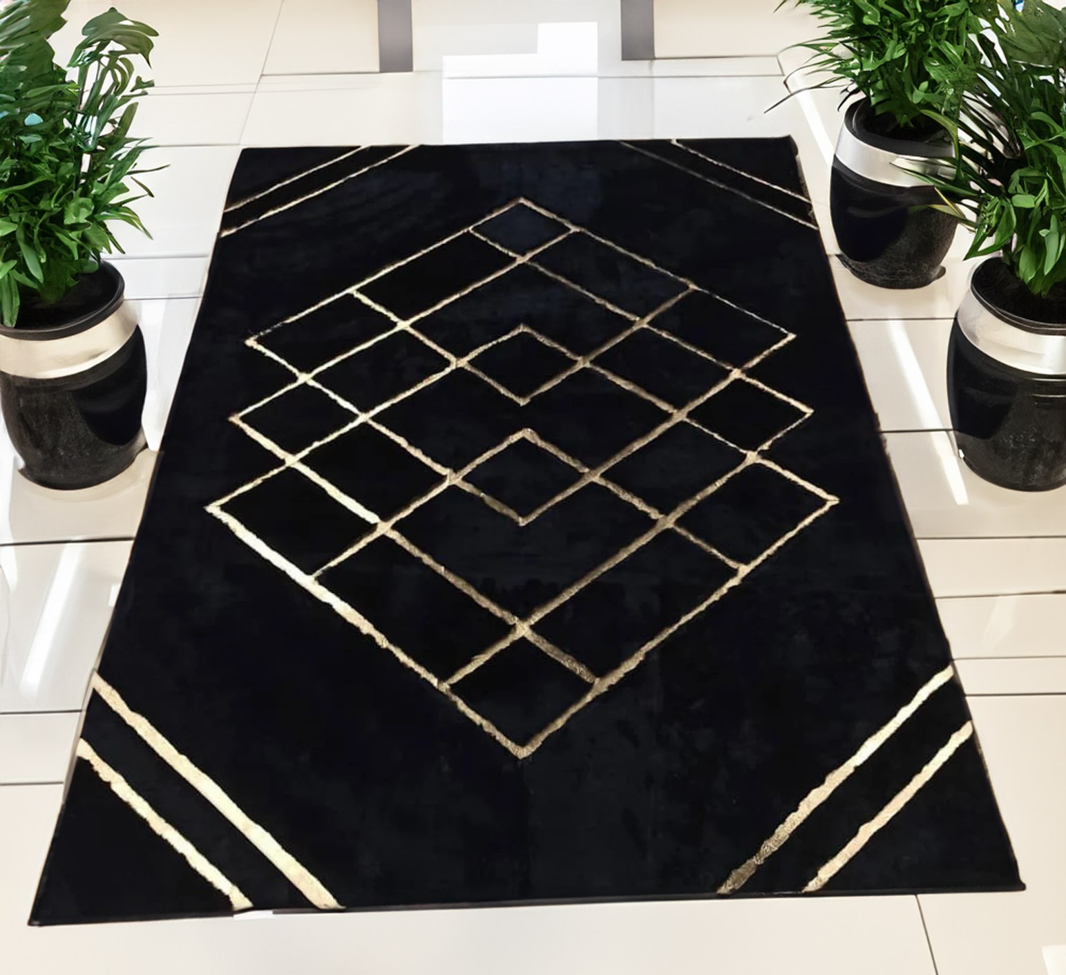 Black-Gold Geometric Plush Rug