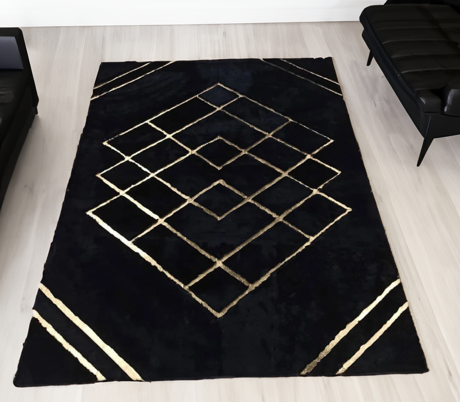 Black-Gold Geometric Plush Rug