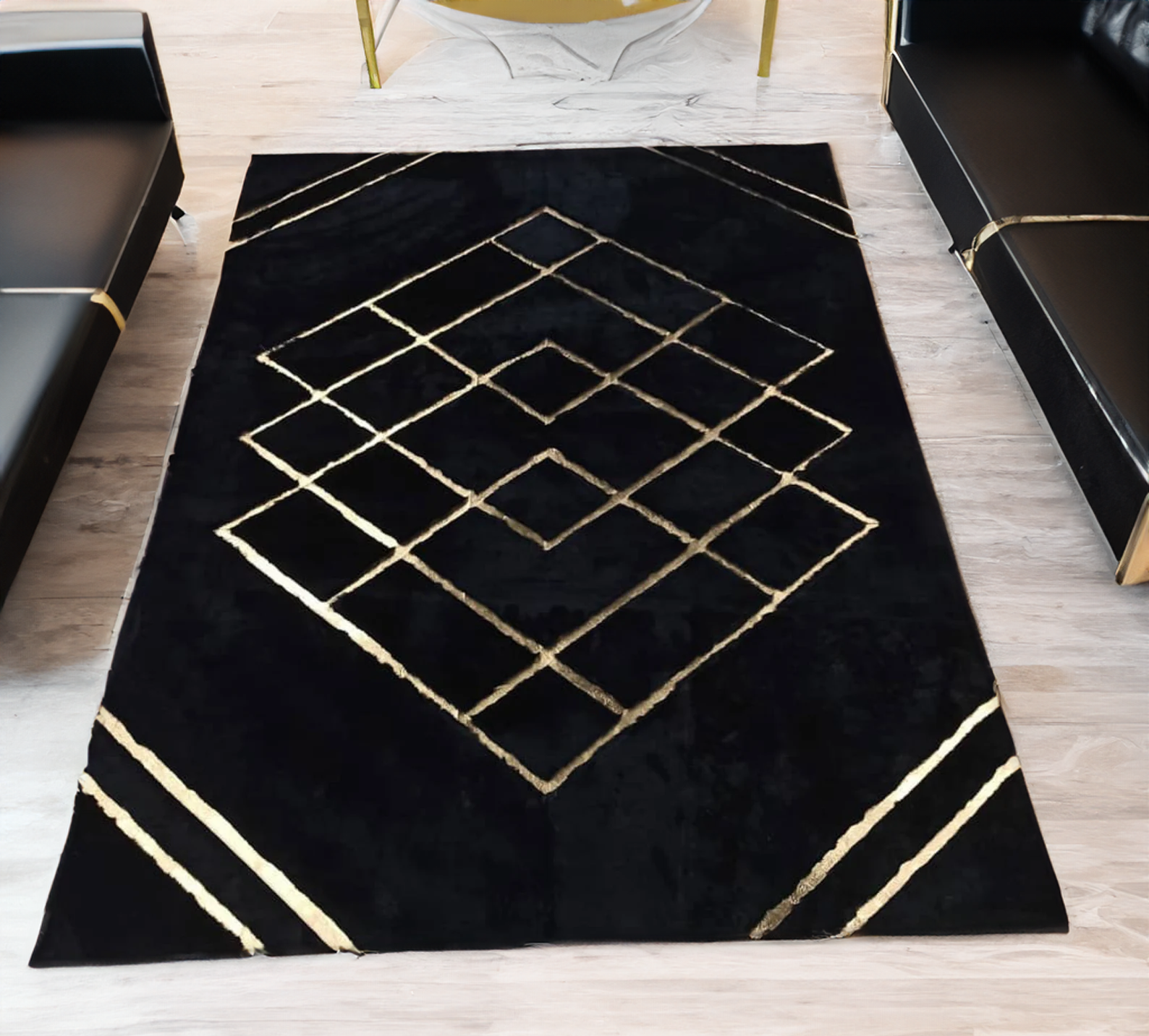 Black-Gold Geometric Plush Rug