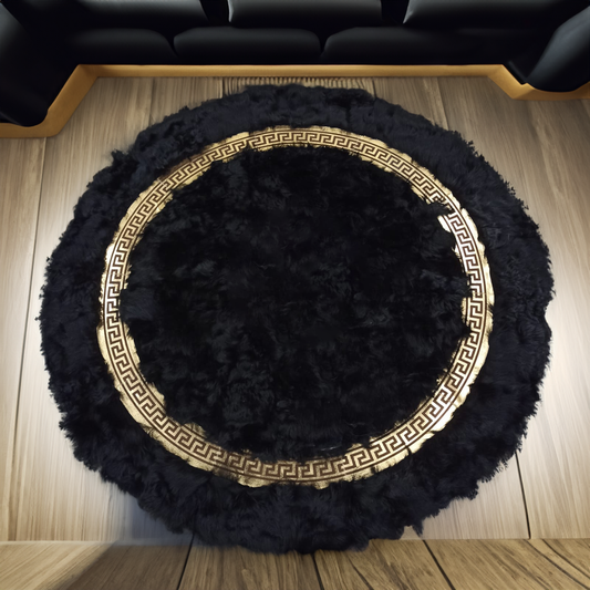 Round Black Gold Fluffy Sheepskin Rug