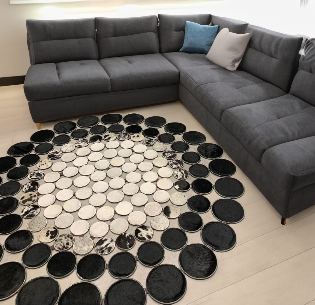 Black White Cowhide Round Geometric Rug