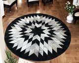 Black-White Round Cowhide Geometric Rug