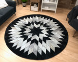 Black-White Round Cowhide Geometric Rug